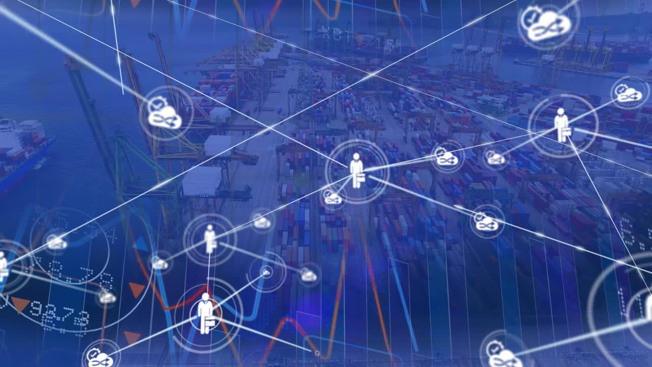 red de iconos digitales y procesamiento de datos del mercado de valores frente a la vista aérea del puerto