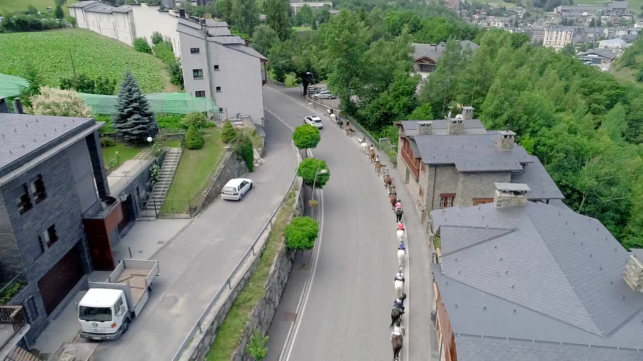 Aerial images of horses through a city. Recorded in Andorra, for a phantom 4 pro, at 4 k and 60 fps.