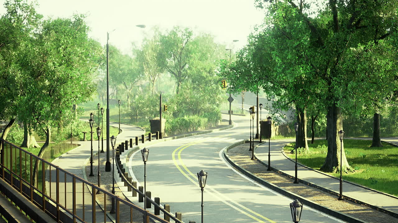 Serene walking path lined with trees and lights in a peaceful park setting