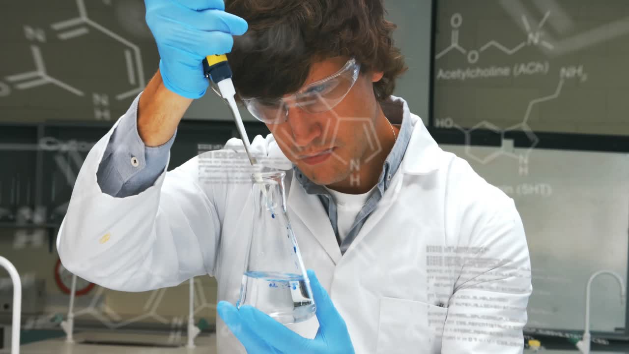 animación del procesamiento de datos científicos sobre un trabajador de laboratorio caucásico con muestras