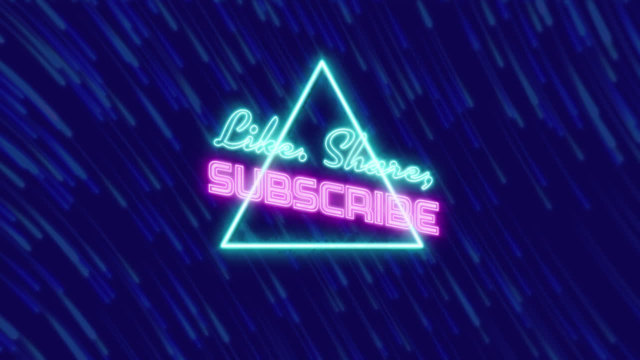 네온의 애니메이션 라이크, 공유, 서브라이브 텍스트 배너 삼각형 배너 위에 빛 트레일에 대항