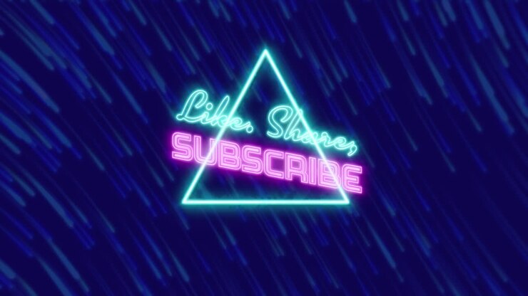 Animation of neon like, share, subcribe text banner over traingular banner against light trails
