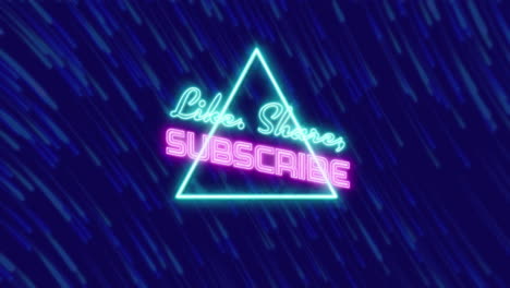 animación de neón como, compartir, suscribir el banner de texto sobre el banner triangular contra los senderos de luz