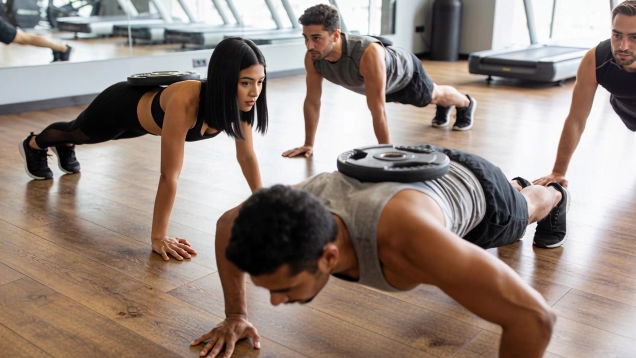 Un gruppo in abbigliamento da palestra esegue flessioni, abbassando e sollevando il busto in palestra per la forza, con piastre in equilibrio.