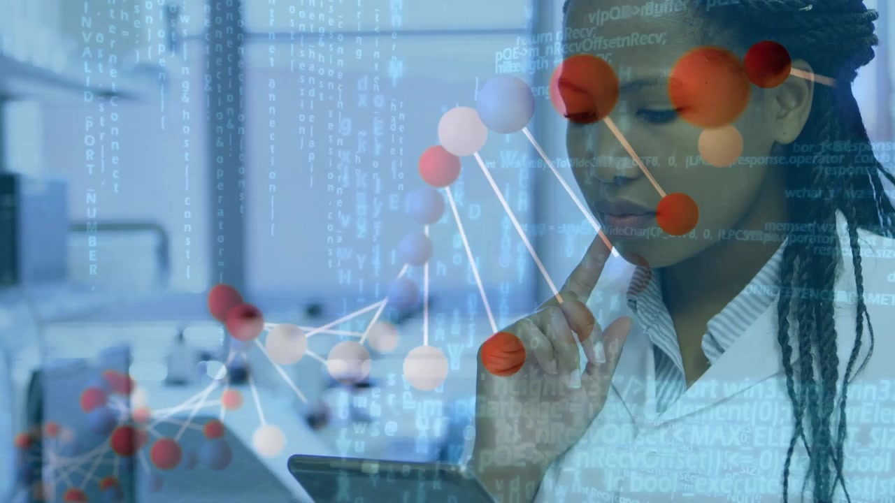 Animation of dna strand and data processing over african american female doctor with tablet