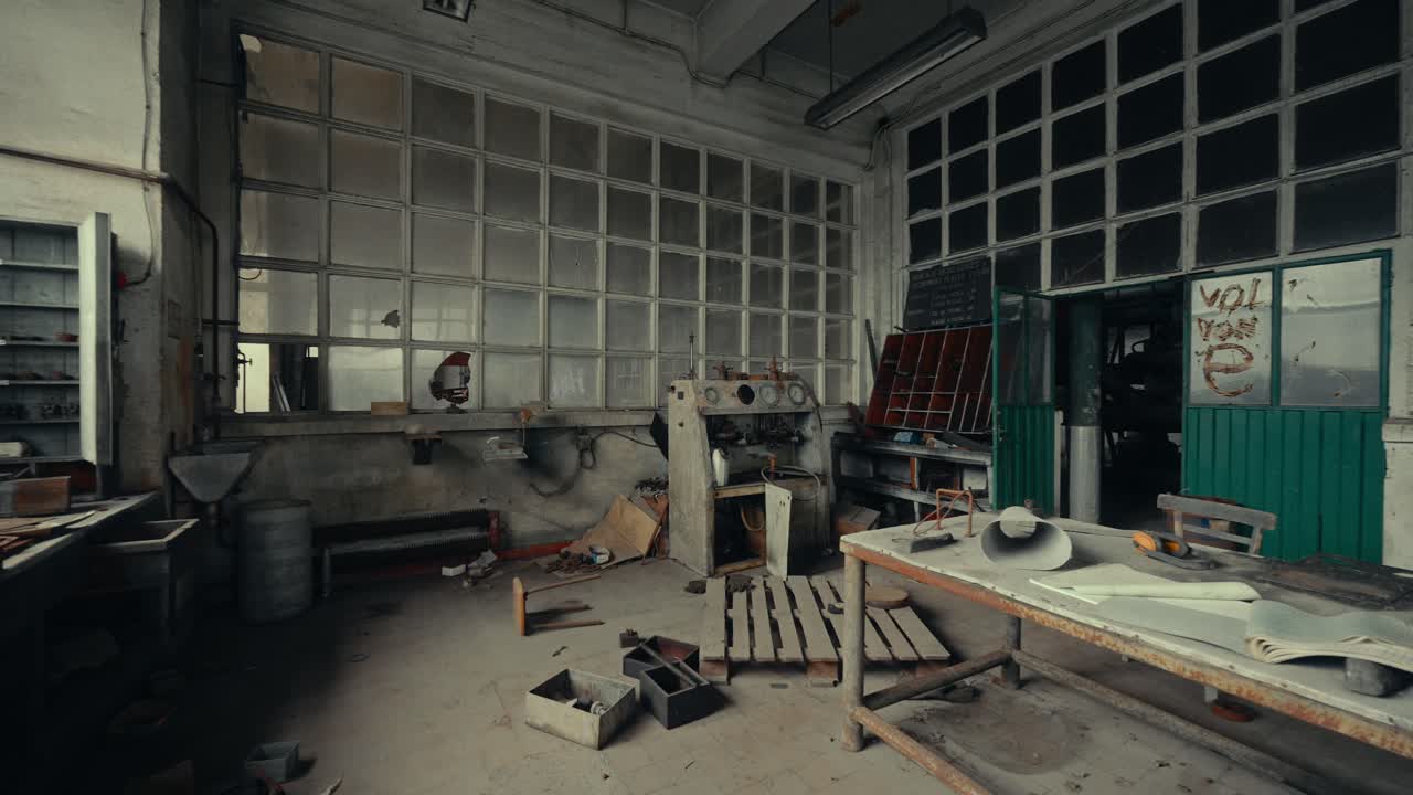 Abandoned Industrial Workshop Interior with Decaying Machinery and Debris