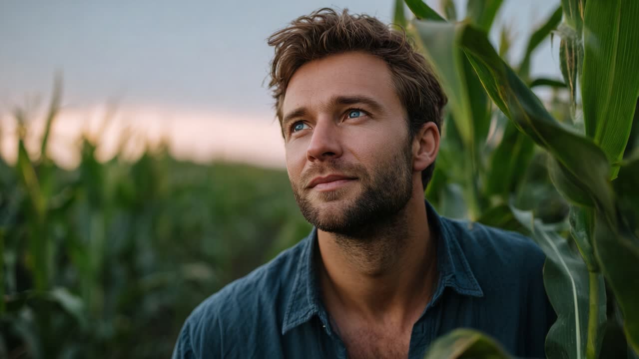 Thoughtful Man in a Cornfield at Sunset: A Reflection on Nature's Beauty and Tranquility, Capturing the Essence of Rural Life in an Idyllic Landscape Scene