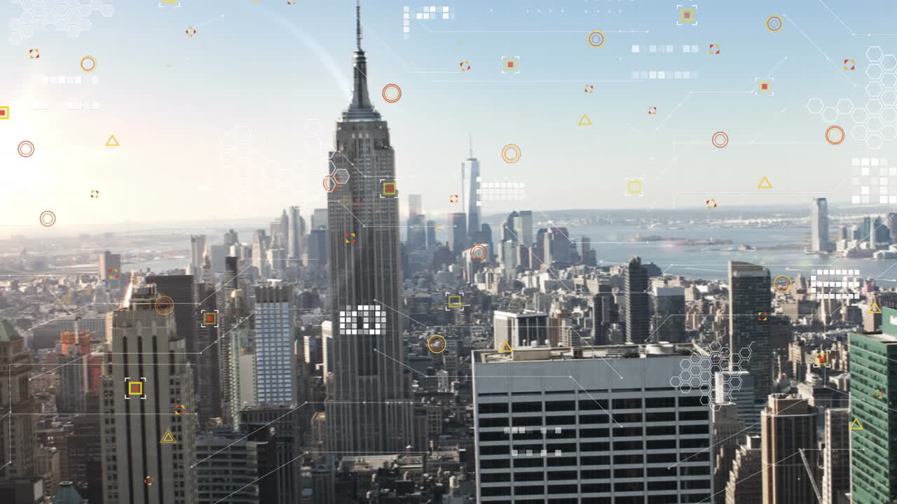 도시 풍경 위의 데이터 처리 애니메이션