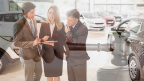 digital animation of executives interacting in car showroom 4k