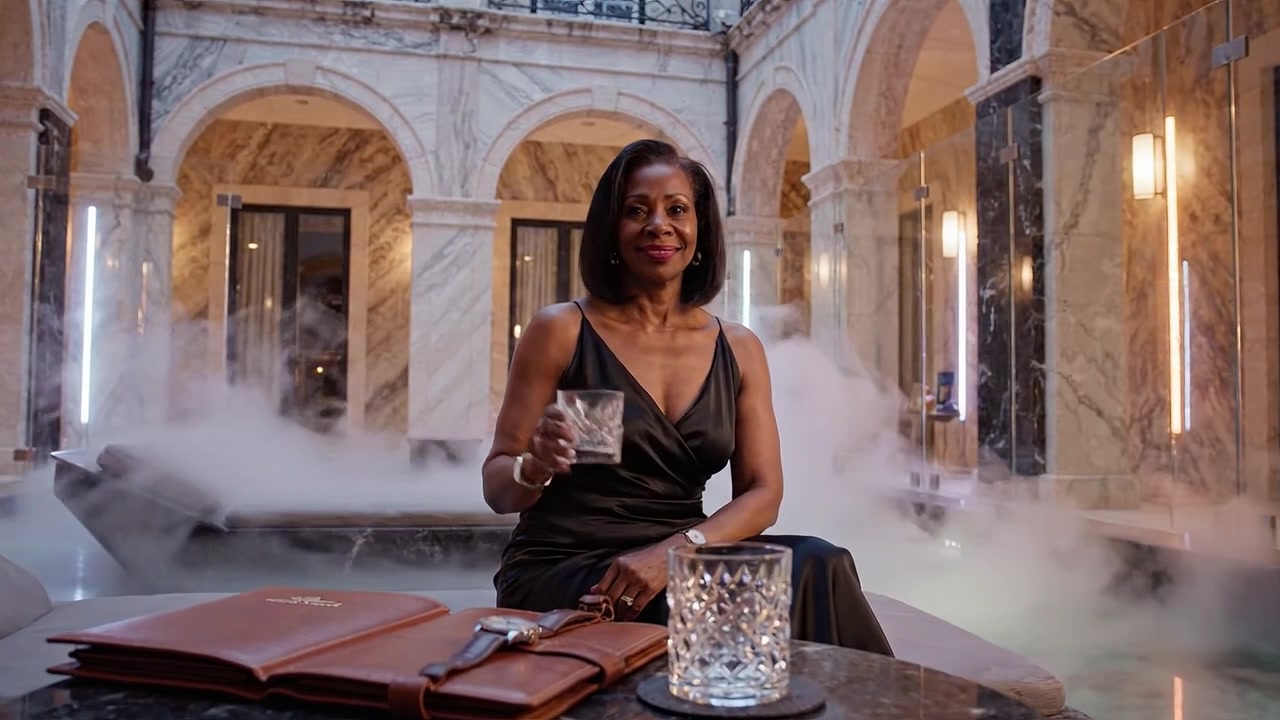 Elegant Woman in Luxurious Setting with Mist and Marble Atmosphere, Enjoying a Drink and Contemplating Life in a Stunning Interior Environment