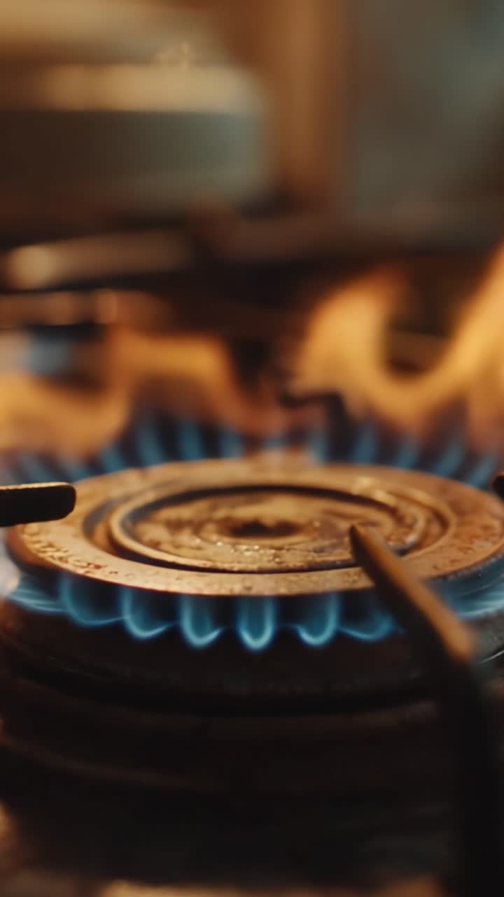 Nærbillede af en gasbrænder antændt med blå flammer, der fanger intensiteten og varmen i et køkkenmiljø.