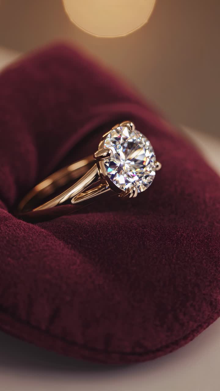 Close-up video angle of a sparkling diamond ring on a plush burgundy cushion, highlighting elegance