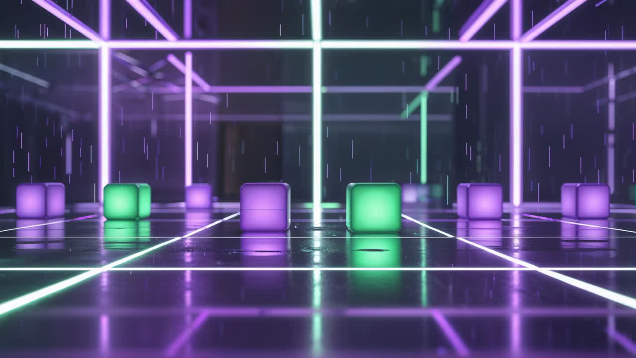 Cubi al neon astratti e griglia luminosa in una stanza buia