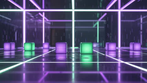 abstract neon cubes and glowing grid in a dark room