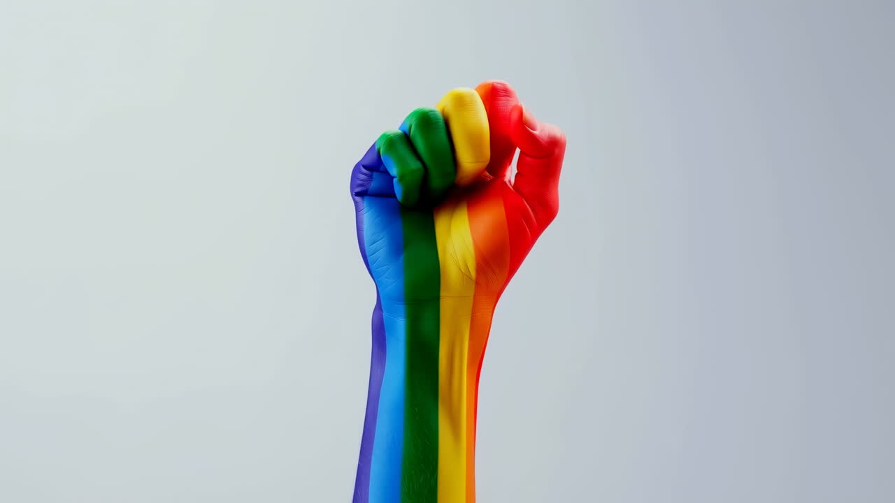 Una mano color arcobaleno forma lentamente un pugno