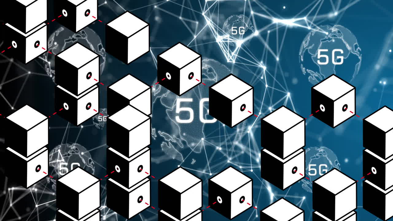 Animation of 3D cubes with 5G network connections over digital world map