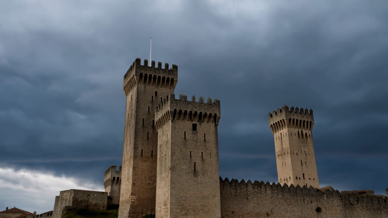 Stormy Sky Over Medieval Stone Castle, Looming Towers And Crenellated Battlements Beneath Heavy Thunderclouds,