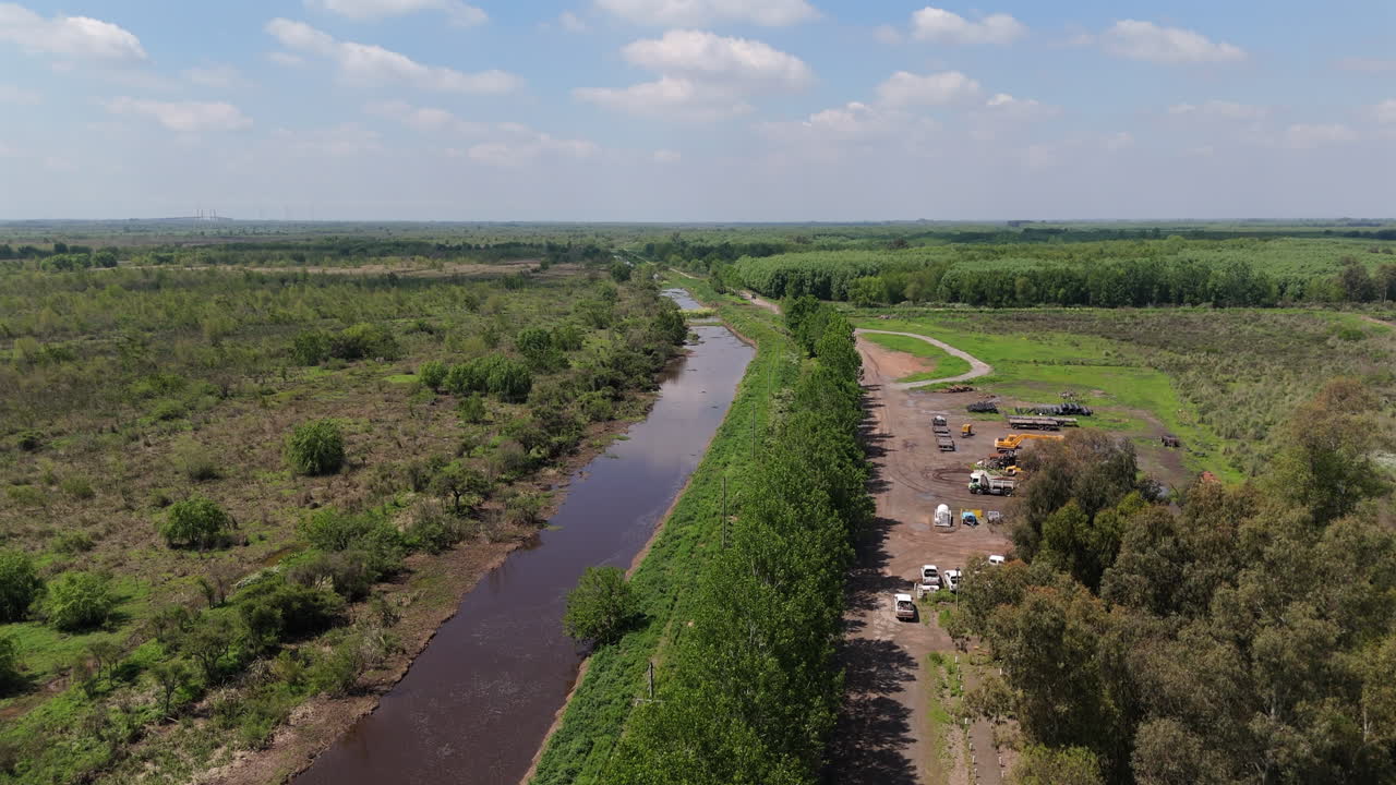Slow forward motion drone shot going over murky river delta, with forestry tree row plantation and industry cars on right. Bright afternoon sky.