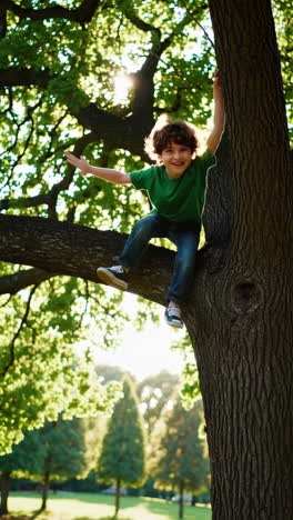 happy boy climbing a tree in the sunlight