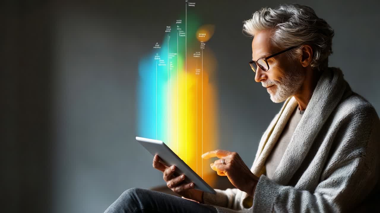 Engaged Senior Man Analyzing Digital Data Trends on Tablet Display in a Modern, Minimalistic Environment with Colorful Graphical Elements Representing Growth and Insights