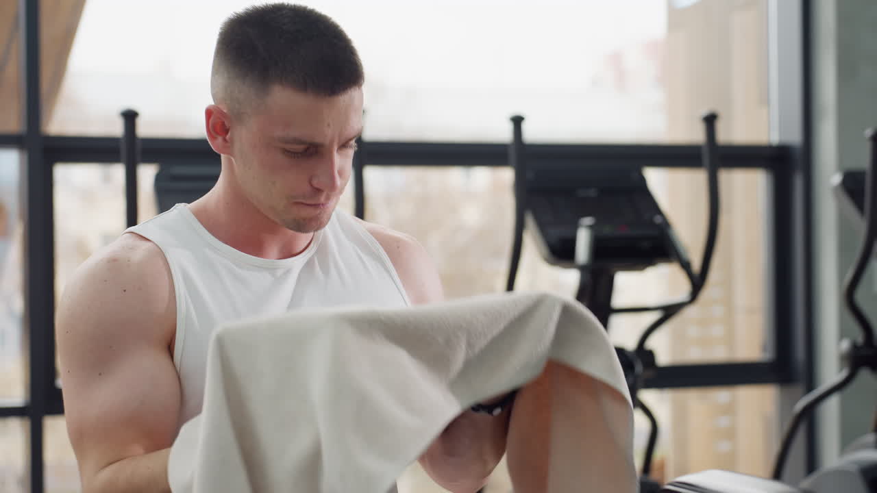Satisfied gym enthusiast picks towel and wipes sweat from face and neck after intense elliptical workout under bright natural light in modern fitness center during cooldown session