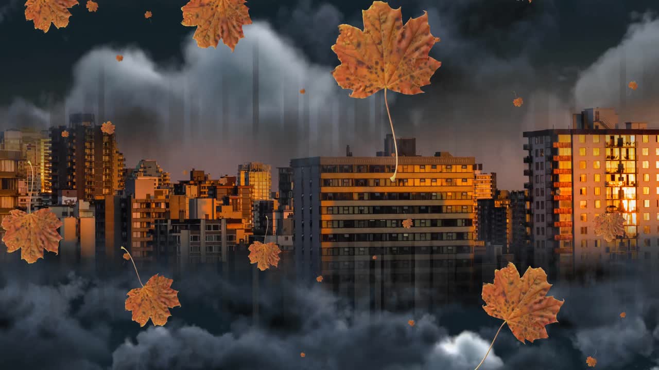 animación de hojas de otoño naranjas que caen sobre el paisaje urbano