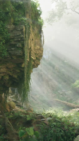 sunbeams streaming through a misty jungle forest