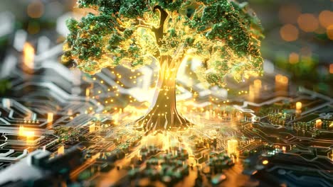 a tree is growing out of a computer chip. the tree is surrounded by a glowing, artificial environment