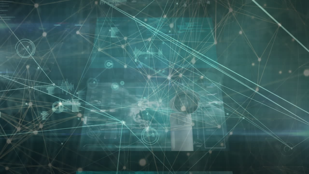 Animation of network of connections and data processing on screens