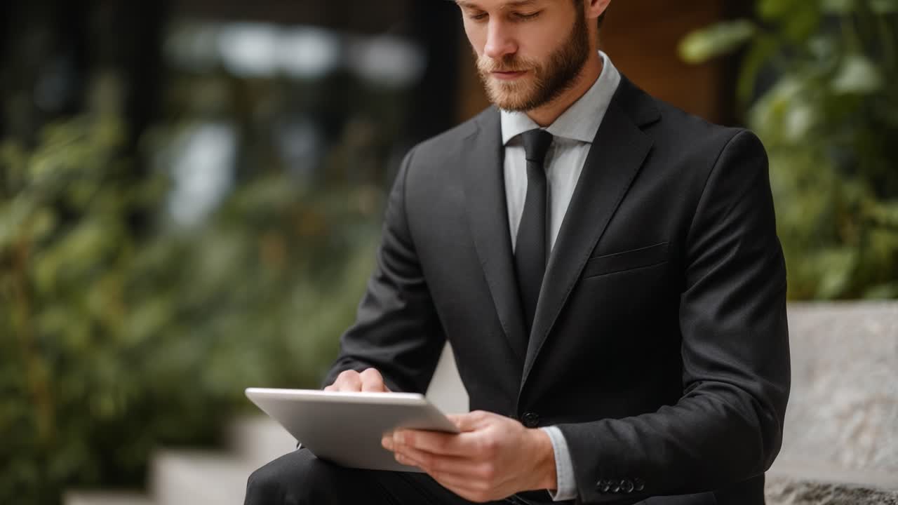 A Professional Man Taking Notes on a Tablet While Seated, Capturing Key Insights in a Stylish Business Environment Set in Nature