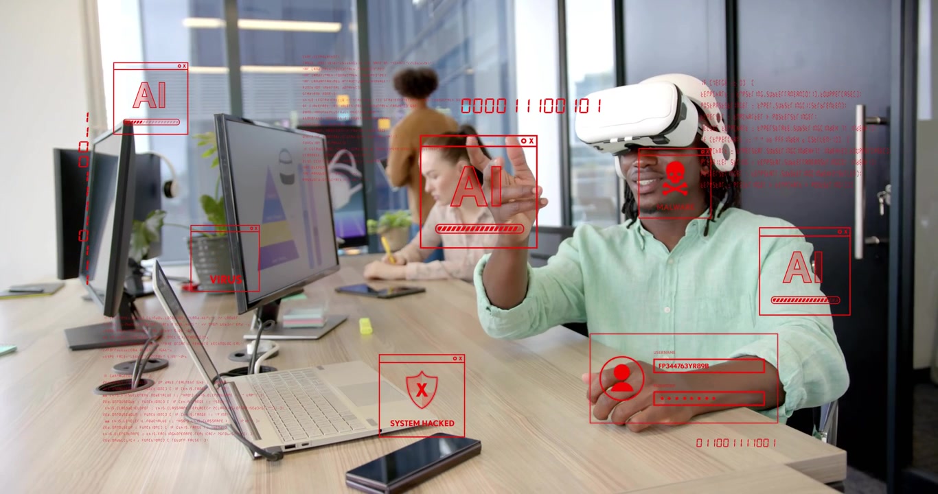 VR-Nutzer setzt Headset auf und verwaltet Systemwarnungen mit holografischer Benutzeroberfläche im Tech-Büro.