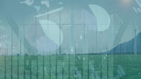 animation of statistical data processing over spinning windmills on grassland against blue sky