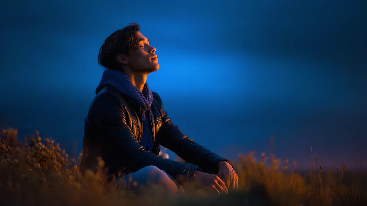 Contemplation at Dusk: A Peaceful Moment Captured in Blue and Orange Tones Highlighting Serenity and Connection with Nature and Self-Reflection