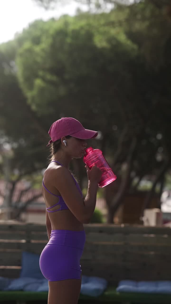 mujer bebiendo agua después del entrenamiento