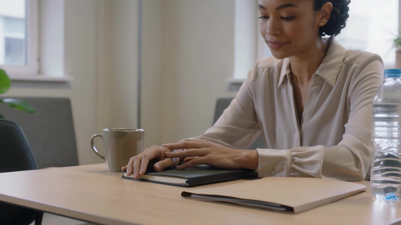 Donna in camicetta beige con le mani appoggiate sul quaderno, che apre gli appunti della riunione in sala riunioni, con spazio per il testo.