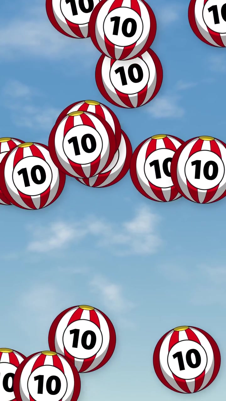 Palline a strisce rosse e bianche con il numero dieci cadono su uno sfondo di cielo blu