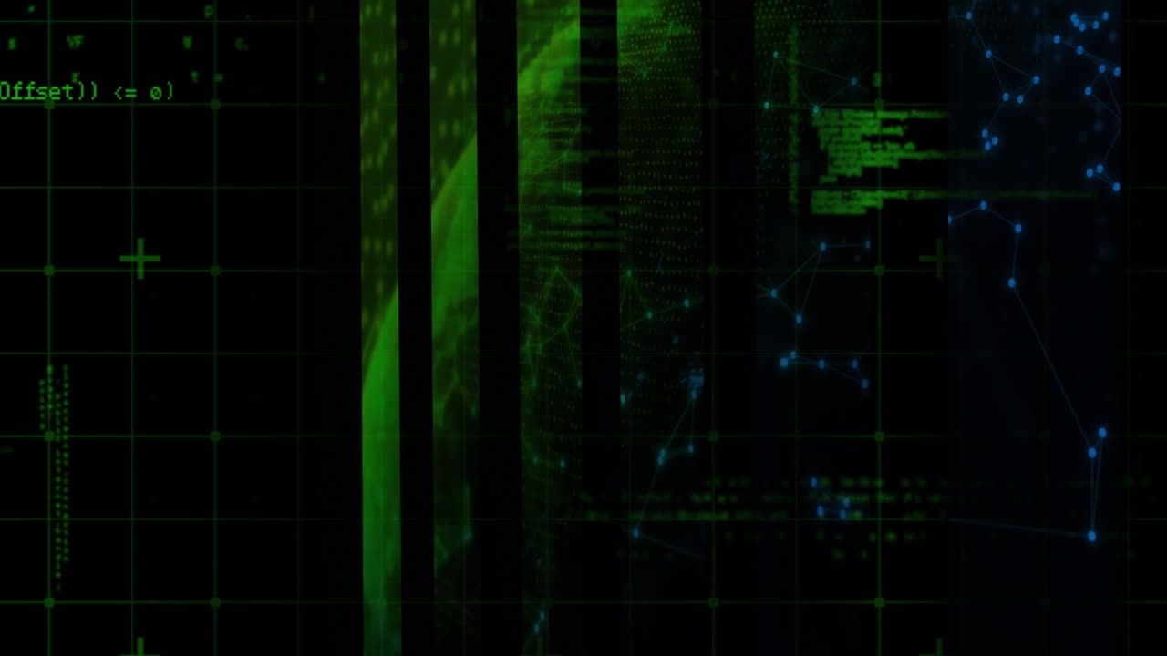 Animation of moving shapes and data processing on black background