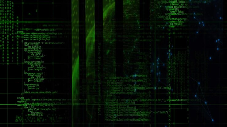 Animation of moving shapes and data processing on black background