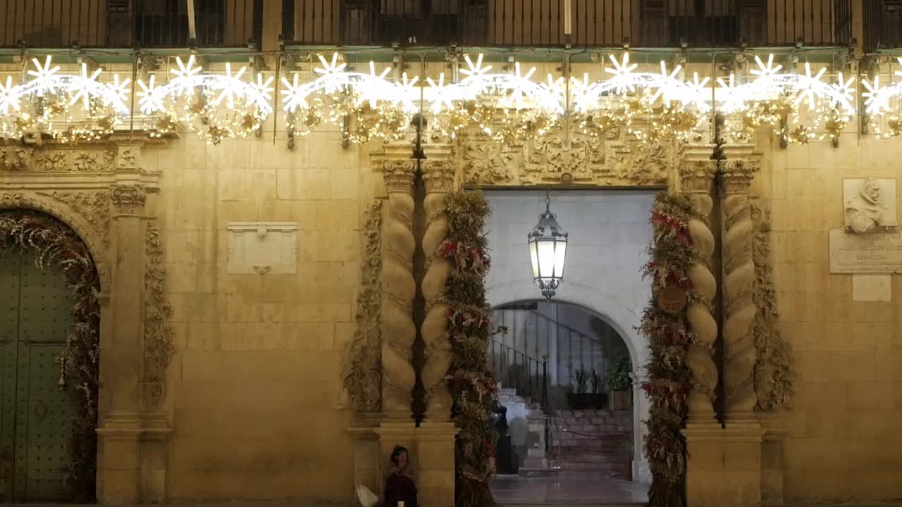 Christmas Lights Illuminate Historic Building at Night