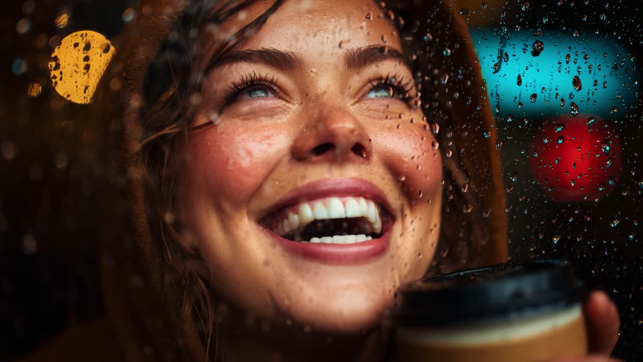 Capturing Joy Behind Rainy Windows: A Smiling Woman Enjoys Her Coffee on a Rainy Day, Radiating Happiness and Warmth with Raindrops Accentuating Her Bright Features