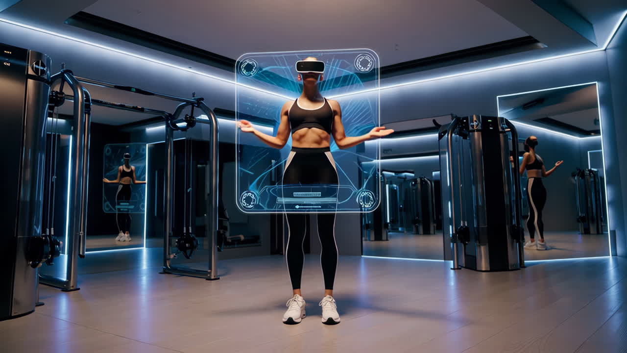 Woman exercising with VR/AR technology in a futuristic gym
