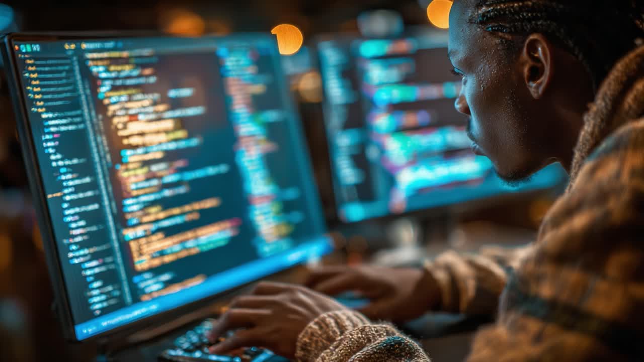 Focused Programmer Analyzing Complex Code on Dual Monitors in a Dimly Lit Workspace, Highlighting the Intricacies of Software Development and Technology