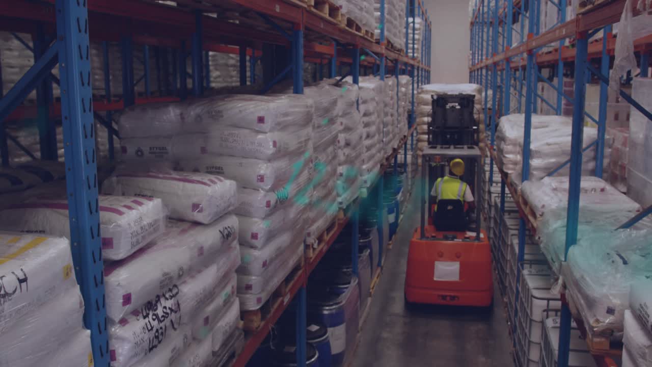 Forklift entering storage aisle and scanning racks with green data overlay mapping inventory