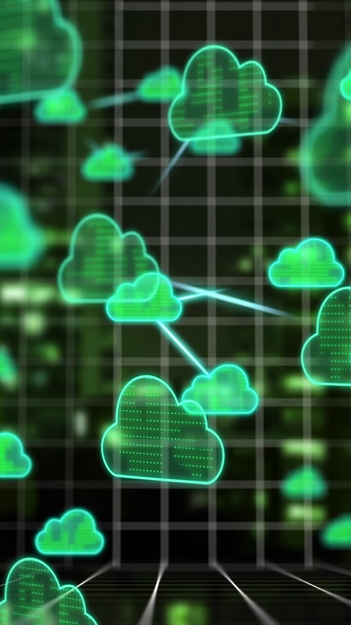 Animation of cloud icons and data processing over cityscape