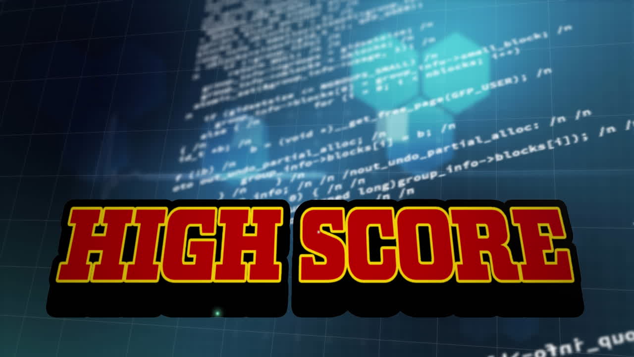 Animation of high score text in pink red letters over data processing