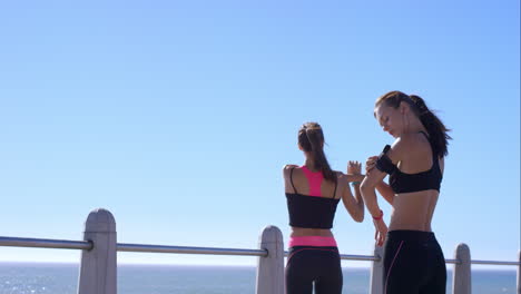 Two-athletic-friends-stretching-on-promenade-before-run