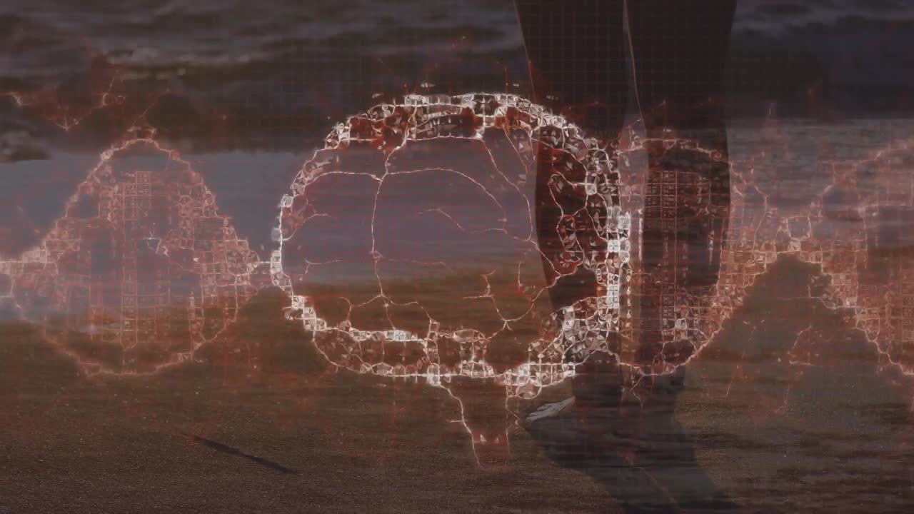 해양 풍경 위의 인간 뇌의 애니메이션