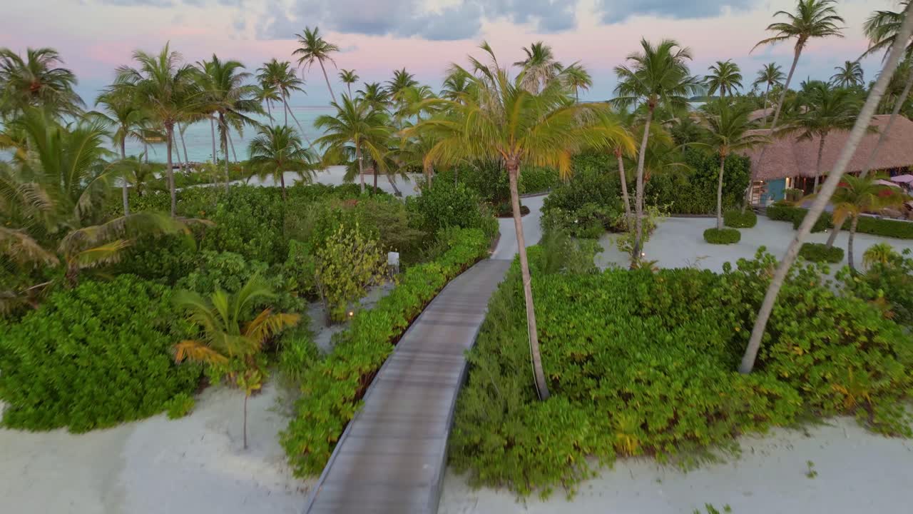 Luxury overwater villas connected by walkway above turquoise waters, lush palms and white sand beach on tropical islands of the Maldives. Dolly in drone aerial