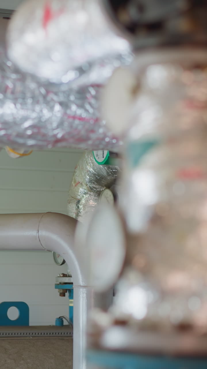 Hot steam flow delivering conduit with silver thermal insulation in mechanical room closeup. Heat transferring system in contemporary building