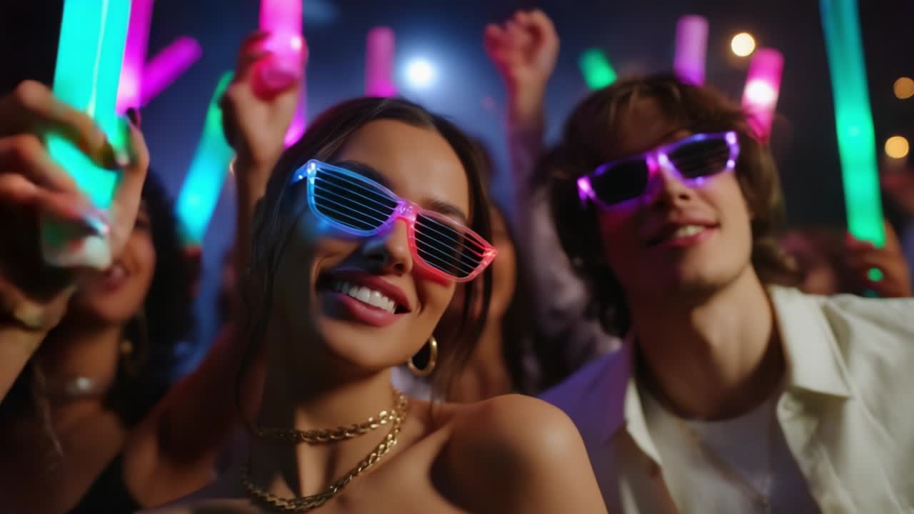 Vibrant Nightlife Celebration: Enthusiastic Partygoers Enjoying a Colorful Atmosphere with Neon Lights, Glow Sticks, and Joyful Expressions of Happiness, Youthful Energy, and Unforgettable Moments Sharing Together